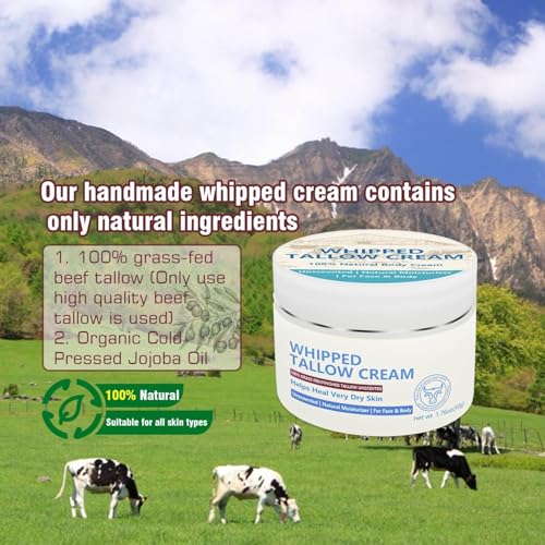 Beef Tallow, Beef Tallow Skincare Cream, Beef Tallow Face Moisturiser, 100% Grass Fed Beef Tallow for Skin Care - Natural Handmade Lotion Whipped Beef Tallow Cream for Face & Body Sensitive Skin - Care for Sensitive Skin - Image 3