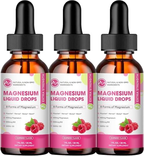(3 Pack) Magnesium Liquid Drops - 8 in 1 Magnesium Complex Supplement with Magnesium Glycinate, Citrate, Malate, Taurate, for Brain, Night, Muscle, Bone, Cramps, Raspberry Flavor