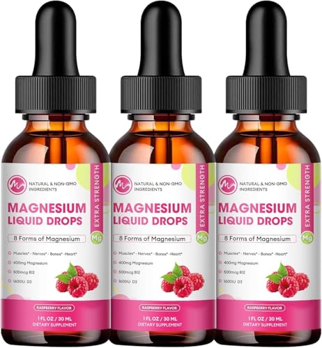 (3 Pack) Magnesium Liquid Drops - 8 in 1 Magnesium Complex Supplement with Magnesium Glycinate, Citrate, Malate, Taurate, for Brain, Night, Muscle, Bone, Cramps, Raspberry Flavor