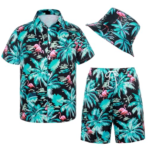 Apparlxer Hawaii Hemd Männer 3Pcs Herren Hawaiihemd Set mit Casual Freizeit Flamingo Blumenmuster Kurzarmhemd Shorts Fischerhut (Grün L)