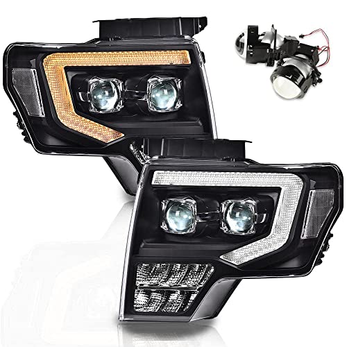PIT66 Headlight Headlamp Assembly Compatible with Ford F150 2009-2014 (Clear lens Black Housing Clear Reflector, Modified Style) Clear / Black / Clear