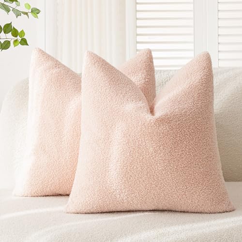 Image of Foindtower Pack of 2, Curly Faux Fur Decorative Throw Pillow Covers Soft Fuzzy Plush Cushion Case with Zipper Cozy Pillowcase for Home Living Room Couch Bed Sofa 22 x 22 Inch, Light Pink