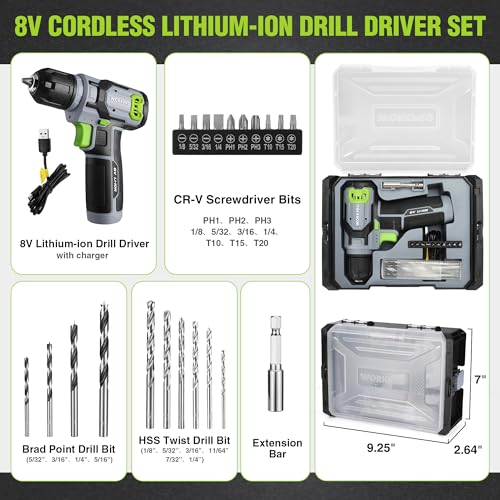 Image of WORKPRO Power Drill Set with Stackable Tool Box, 8V Cordless Drill Driver and Bit Set, 2.0Ah Electric Cordless Screwdriver Kit with 3 /8 inch Keyless Chuck, For Home Repair, DIY