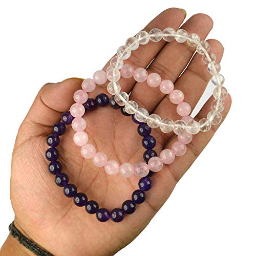 Image of Reiki Crystal Products Unisex Adult Natural Certified Clear Quartz Amethyst Rose Quartz Crystal Stone Bracelet 8 Mm Beads (Color : Multi) Combo Bracelet Pack Of 3 Pc