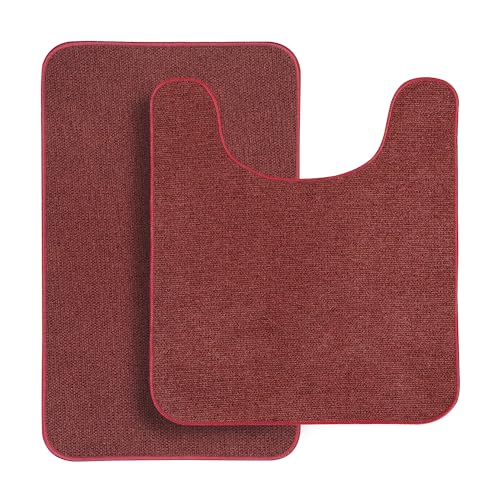 Bathroom Rugs Set 2 Pieces,Thin Bathroom Mats,Toilet Rugs,Quick Dry,Non-Slip,Machine Washable,Low Pile,Absorbent Bath Mats,Shower,Sink,Home Decor Accessories.Red,1'5"x2'3"+1'8"x2" U Shape