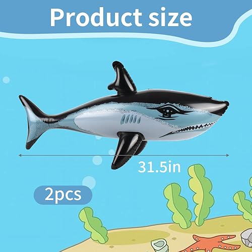 Miniatura 6 de Juguete inflable de 2 piezas de tiburón flotante, gran tiburón de PVC de 31.5 pulgadas, juguete inflable para cumpleaños, animales oceánicos bajo el