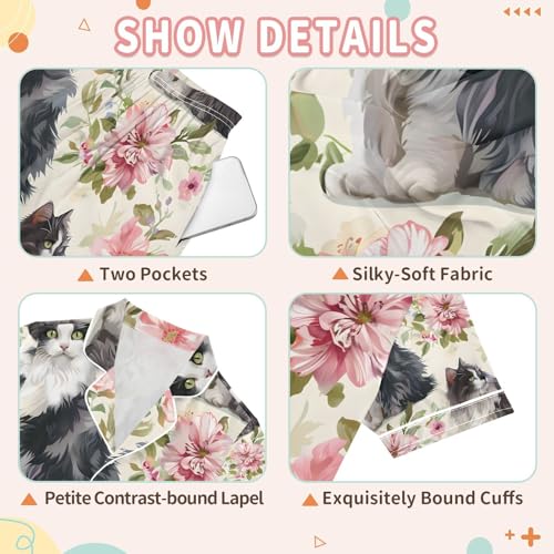 senya Flower Cat A Satin Summer Pajama Sets Silk Short Sleeve Button Down Sleepwear3