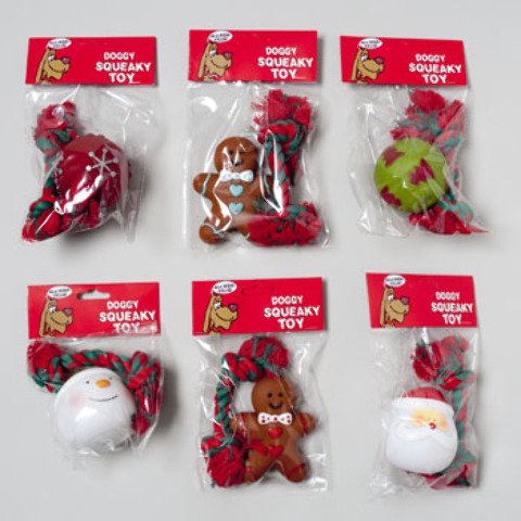 CHRISTMAS DOG TOY VINYL WITH SQUEAKER 2PC 6 ASST IN PDQ Case Pack of 66