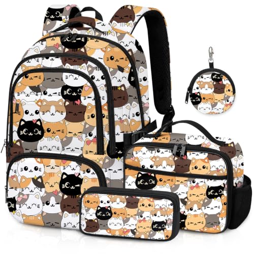 Fihevur Cat Backpack Set for Girls Kids Cat Backpack for School with Lunch Box and Pencil Case Coin Purse School Bookbag for Kindergarten Elementary
