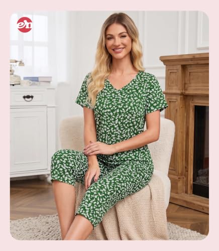 Image of ENJOYNIGHT Womens Pajama Sets Cotton Pj Set Short Sleeve Top With Capri Pants Sleepwear 2 Piece Lounge Set