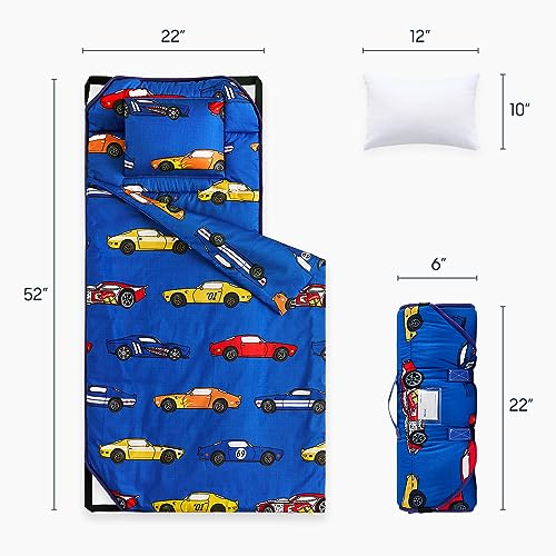 Wake In Cloud - Cot Nap Mat with Pillow and Blanket, for Toddler Kids Boys Girls in Daycare Kindergarten Preschool Pre K with Elastic Corner Straps, Cars Vehicles Trains Airplanes, Blue