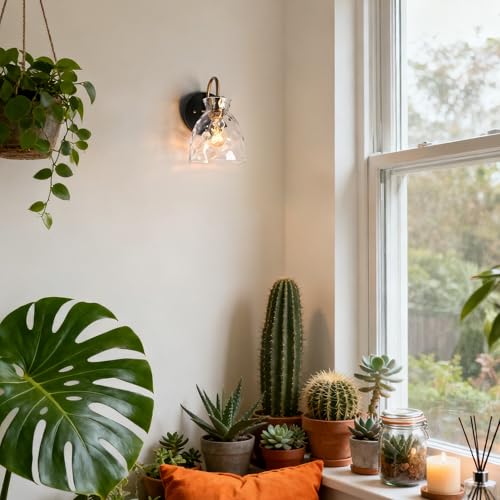 Image of KSANA Mid-Century Modern Wall Sconce, 1 Light Black and Electroplated Copper Sconce Wall Light with Textured Glass Bathroom Wall Lamps for Bedroom Living Room Kitchen