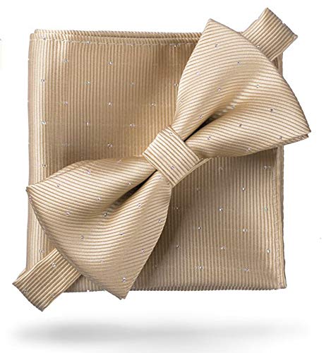 Flairs New York Gentleman Essentials Bow Tie and Pocket Square Matching Set (Champagne Gold [Glitter Dot Print])