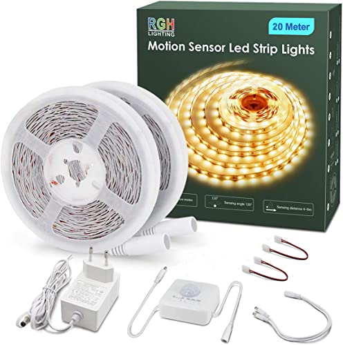 RGH LED Strip mit Bewegungsmelder, 20M Warmweiß Led Streifen Selbstklebend mit 3 Timing-Aus für Schrank,Schlafzimmer,Küche,Treppe, 3000K