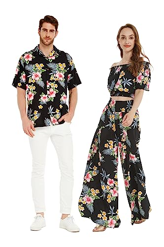 Matchable Couple Hawaiian Luau Shirt or Wide Legged Pants in Hibiscus Black