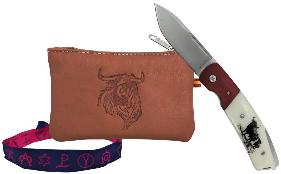 Pack navaja plegable de acero 3Cr13MoV con Liner Lock y grabado de toro + monedero de piel con bandera de España y toro grabado + pulsera hierros taurinos en caja regalo (TORO ABS BLANCA)