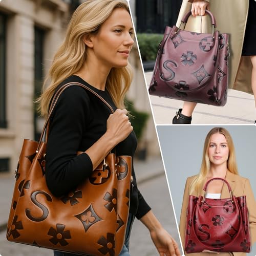 Floral Handbags Leather Shoulder Bag for Women, 2pcs Embossed Purses & Hand Bag Trendy Designer Women's Bucket Tote2