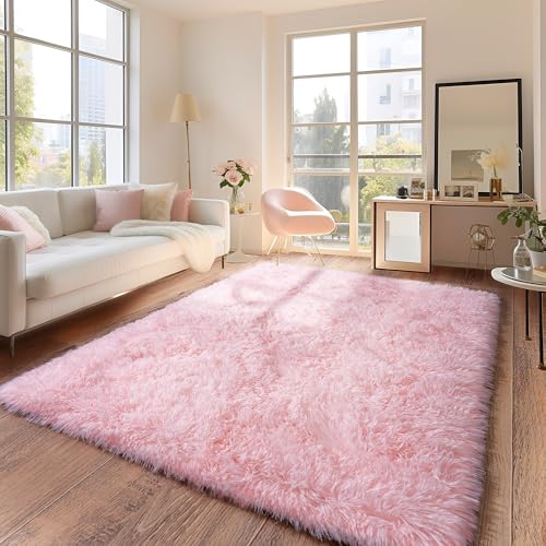 Pink Rug for Living Room, 6x9 Area Rug for Cute Girls Room, Bedside Indoor Floor Fluffy Shag Carpet, Plush Soft Rug for Bedroom Nursery Dorm Home Decor