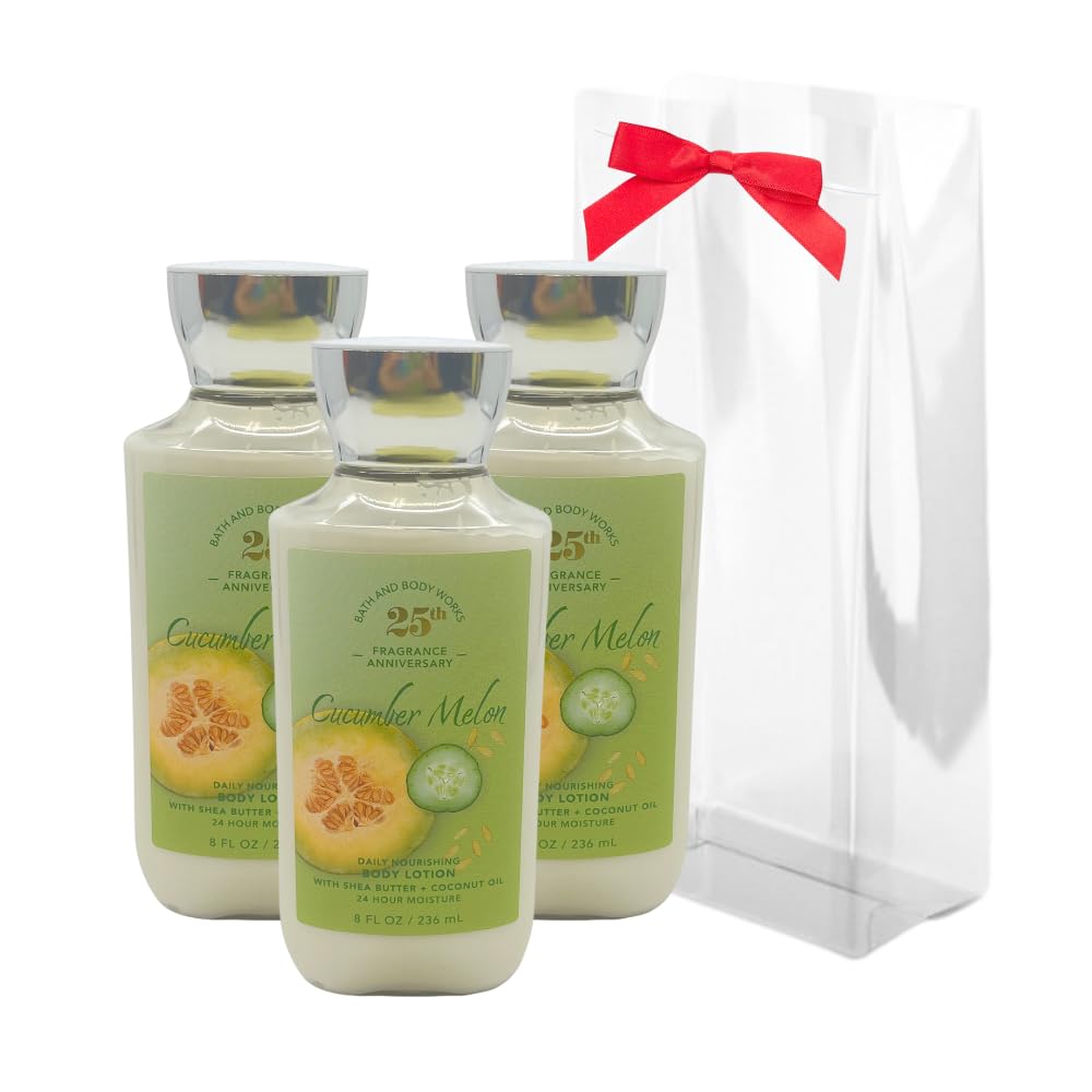 Bath & Body Works CUCUMBER MELON Body Lotion 8 fl oz Gift Set with a Red Bow for Holiday & Gifts Pack of 3 - Limited Edition