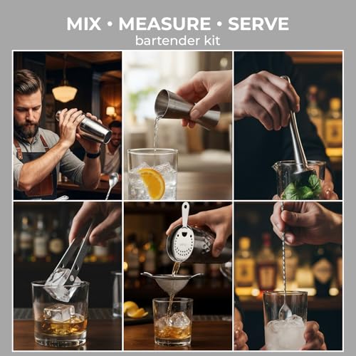 Image of O' Holic by Perch Craft 6-Piece Stainless Steel Bartender Kit|Premium Cocktail Shaker Set with Jigger 30 /60ml, Spoon,Ice Tong, & Bar Tools|Professional Bar Set for Home &Tour Parties|Silver