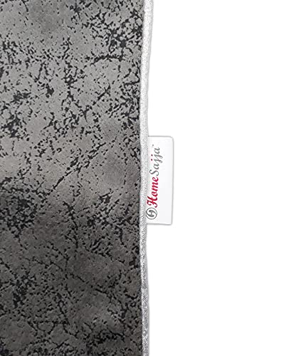 Image of Home Sajja Premium King Size Velvet Diwan Set of 8 Pieces (1 Diwan Sheet, 2 Bolster Covers with dori and 5 Cushion Covers) (Grey & Off White, Stripe)