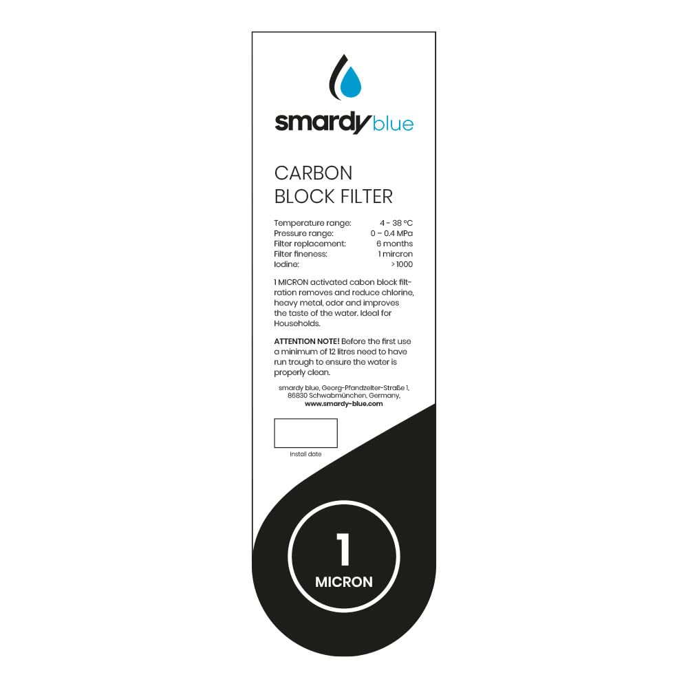 smardy blue Premium CTO-10" 1μm Cartucho de Carbón Activado en Bloque 10 pulgadas, 1 micrón para Osmosis Inversa, Filtro de Agua