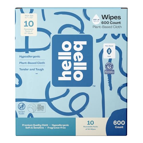 Image of Hello Bello Extra Gentle Unscented Baby Wipes, Plant Based, Made with 99% Water and Aloe for Babies and Kids, 60 Count (Pack of 10) Total 600 Count