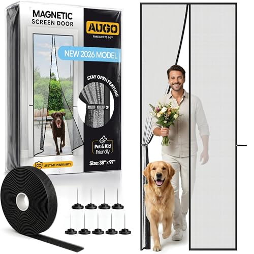 Image of AUGO Magnetic Screen Door - Self Sealing, Heavy Duty, Hands Free Mesh Partition Keeps Bugs Out - Pet and Kid Friendly - Patent Pending Keep Open Feature - 38 Inch x 97 Inch