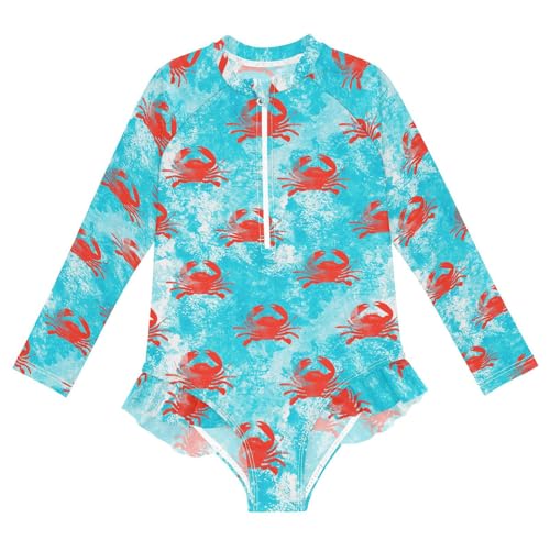 Girls Long Sleeve Swimsuit Crabs Ocean One Piece Bathing Suit Zipper UPF 50+ Rashguard Swimwear 3-12Y
