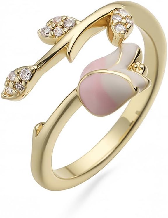 NewZenro Dainty CZ Tulip Flower Leaf Adjustable Open Ring for Women 14 Gold Plated Cute Crystal Enamel Floral Statement Stackable Finger Wrap Band Rings Comfort Fit Anniversary Wedding Jewelry