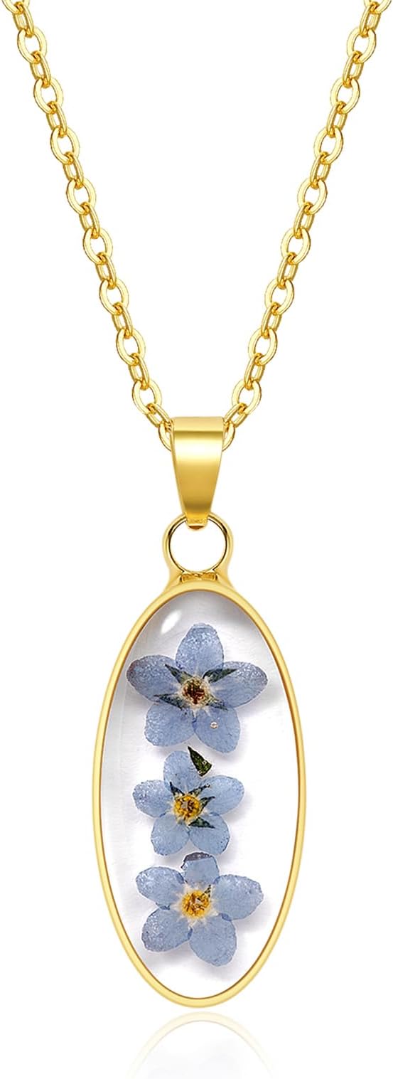 KBFORUOval Necklace - Forget-Me-Not Necklace - KBFORU Handmade Real Flower Necklaces For Women (Gold) - 18''