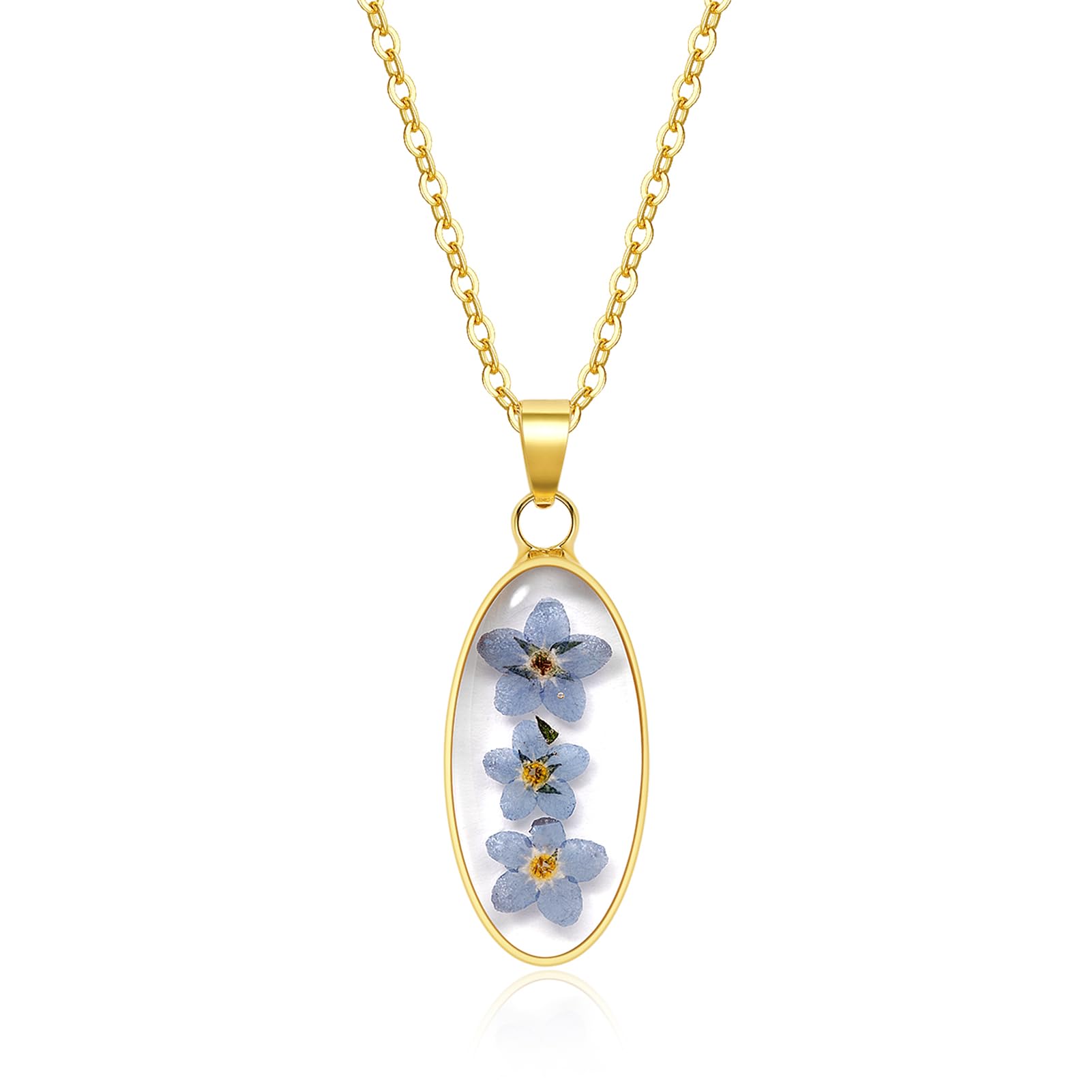 KBFORUOval Necklace - Forget-Me-Not Necklace - KBFORU Handmade Real Flower Necklaces For Women (Gold) - 18''