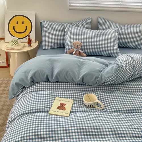 Image of Nayoroom Blue Gingham Duvet Cover King Size Reversible Plaid Checkered Comforter Cover Grid Farmhouse Dorm Bedding Set 3 Pcs Soft Breathable Washed Microfiber Gifts for Women Men