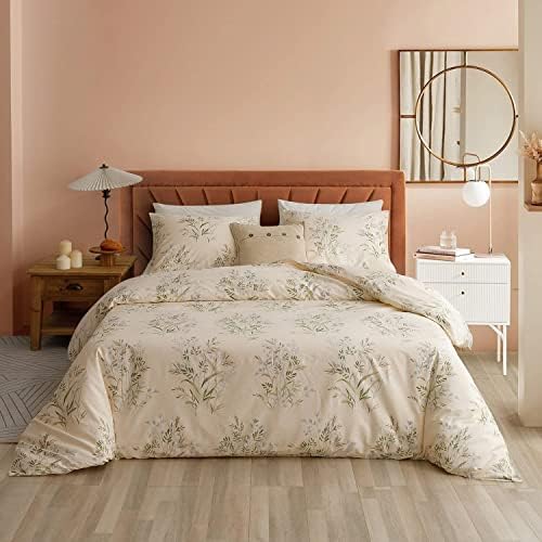 ECOCOTT White Ground Chic Fresh Garden Floral Duvet Cover Sets Queen Size 3 Pieces 100% Natural Cotton 1 Duvet Cover with Zipper and 2 Pillowcases, Ultra Breathable Bedding Set