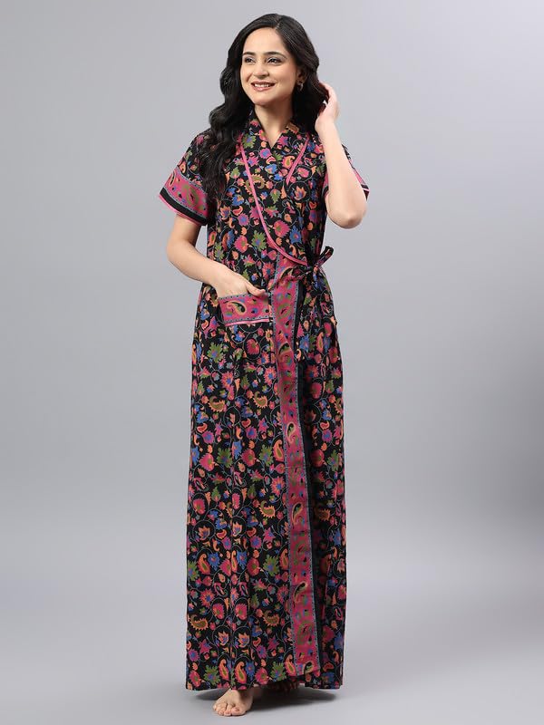 Image of bellamy Women Cotton Printed Maxi Nighty | Front Open Night Gown with Pocket | Regular Fit Sleepwear & Housecoat 1002