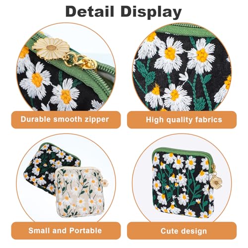 Image of Kifmurase 2 Pcs Daisies Sanitary Napkin Storage Bag, Daisy Embroidery Tampon Holder Pouch with Zipper, Portable Period Bag Nursing Pads Holder Period Pouches for Teen Girls Women (Black+Beige)