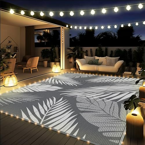 GENIMO Outdoor Rug 6 x 9 Waterproof for Patios Clearance Reversible Outdoor Plastic Straw Camping Rug Carpet with LED String Light Area Rugs Mats for RV Camper Deck Balcony Porch Grey&White