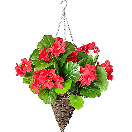 Macetero Colgante de Flores Artificiales en la Puerta, Flores de Begonia, coníferas de Pensamientos Artificiales, Flores Silvestres Mixtas, Flores, Canasta y Corteza (2 Piezas) (Rojo) Cover