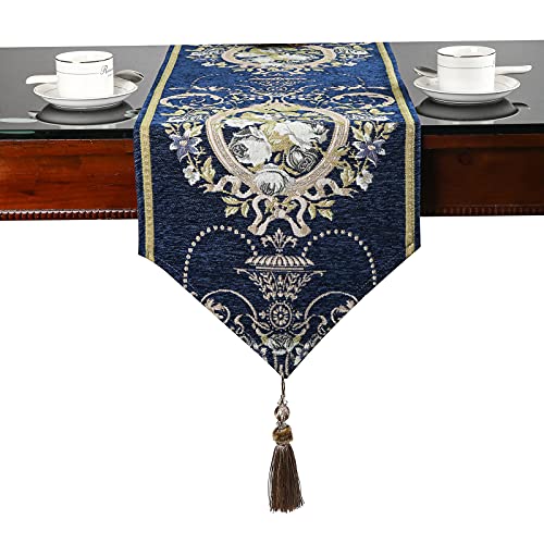 Lilspud Long Table Runner Blue 13 X 102 Inch, Large Embroidered Chenille Table Doilies With Tassel For Dressers And End Tables Farmhouse Wedding Coffee Table Decor #TOP2