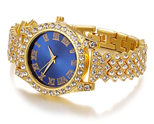 Image of Halukakah Diamonds Gold Watch Iced Out, Kid's 18K Real Gold /Platinum White Gold Plated 36MM Width Green /Blue /Red Dial Quartz Wristband 8 inch with Cuban Link Chain 7 inch+16 inch Bracelet, Free Giftbox