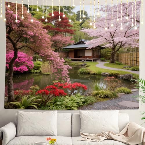 Shrahala Japanese Tapestry, Spring Reflections Landscape Wall Hanging - Large Psychedelic Tapestry for Bedroom & Living Room (51.2 x 59.1 Inches, Green 3)