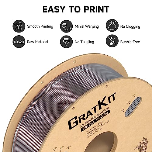 Image of Gratkit Silk Tri-Color PLA Filament,Coextrusion PLA Filament 1.75mm, + /-0.03mm, 1KG /Roll, Silk PLA Gold & Copper & Silver