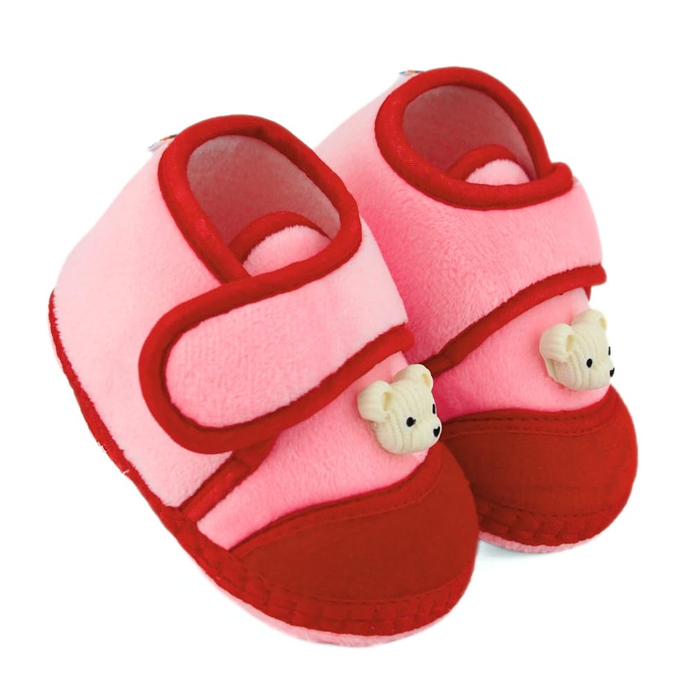 neska moda 6 To 12 Months Baby Boys & Baby Girls Velboa Bear Face Pink,Red Hook & Loop Shoe Booties-BT5601-picture-10