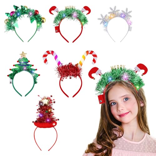 Hileyu 6 Pieces Lighted Christmas Headbands Xmas Tree Head Hat Toppers Headbands with LED Lights Hair Band Costume Hoop for Party Decoration Gifts(6 Styles) Red