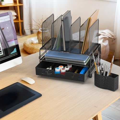 simple houseware mesh desk organizer with sliding drawer double tray and 5 upright sections black
