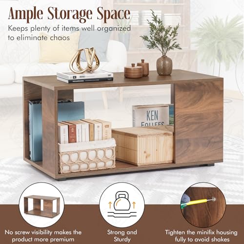 Image of ABOUT SPACE Coffee Table - Portable Wooden Centre Table with Open Storage- Furniture - Sofa /Tea /Teapoy for Living Room, Home, Office (Walnut - L 80 x B 40 x H 42 cm)