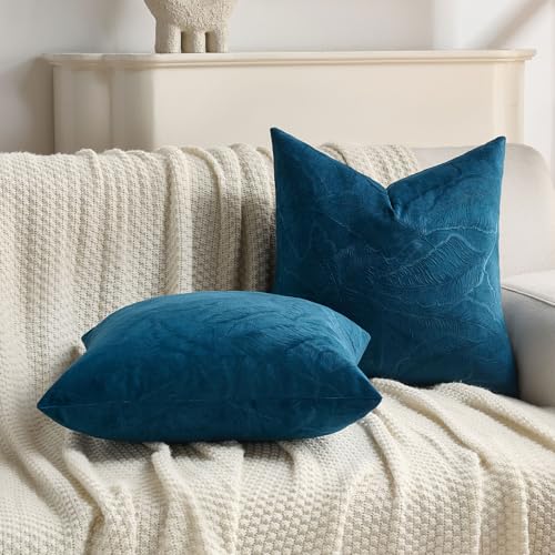 Image of FUTEI Pack of 2 Velvet Throw Pillow Covers 12x20 Inch Soft Embossed Leaf-Relief Textured Decorative Lumbar Pillowcases Modern Natural Farmhouse Accent for Couch Bed Living Room, Navy Blue