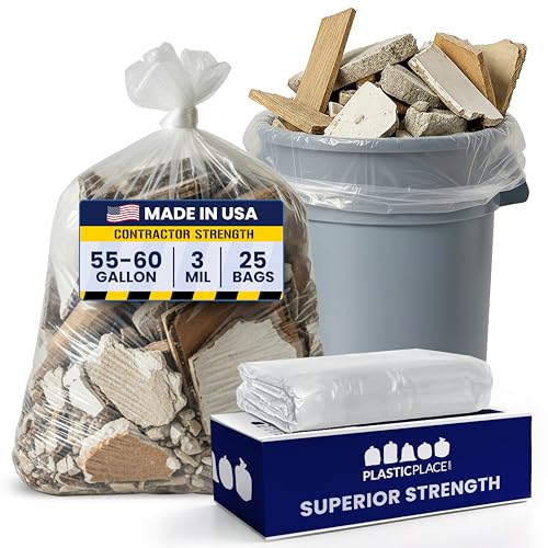 Plasticplace Contractor Trash Bags 55-60 Gallon - 3.0 Mil Clear Heavy Duty Garbage Bag 38 x 58 (25 Count)