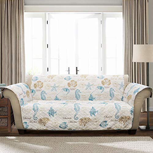 Lush Decor Harbor Life Furniture Protector, Couch Cover, 116' W x 75' L, Blue & Taupe - Quilted Coastal Couch Cover - Nautical Furnishings - Pet Sofa Covers - Furniture Covers For Sofa & Loveseat