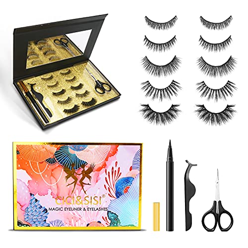 Non Magnetic Eyeliner and Eyelashes Kit, Magic Self Adhesive False Eyelashes and Eyeliner, 5 Pairs 5D Reusable False Lashes with No Glue, Waterproof Lash Boxes with Mirror & Tweezers